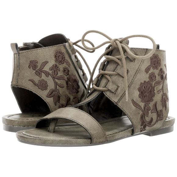 Sugar Shoes - Lace-up Flower Embroidered Taupe Sandal NIB